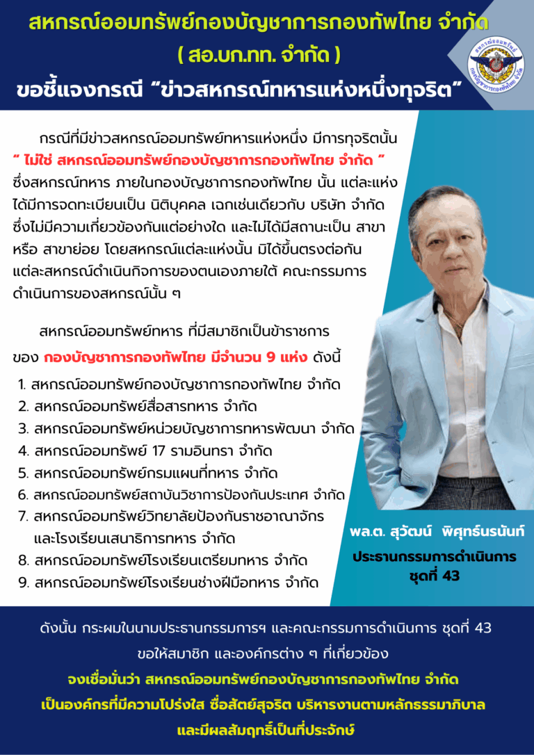 ขอชี้แจงกรณี “ข่าวสหกรณ์ทหารแห่งหนึ่งทุจริต” นั้น ไม่ใช่ สหกรณ์ออมทรัพย์กองบัญชาการกองทัพไทย จำกัด