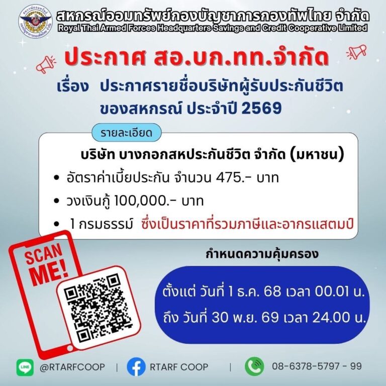 ประกาศรายชื่อบริษัทผู้รับประกันชีวิตของสหกรณ์ ประจำปี 2569